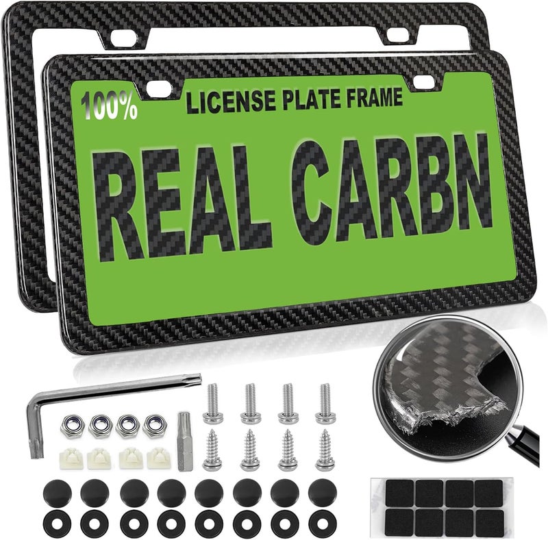 HIBRONGO Real Carbon Fiber License Plate Frame 100% Pure Carbon License Plate Frame Cover Black License Plate Holder Universal Car Tag Frame with Anti-Theft Screws & Caps - Front & Rear 2 Pack Slim Edge - Image 1